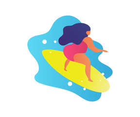 Flat woman surfing waves cartoon summer trendy people