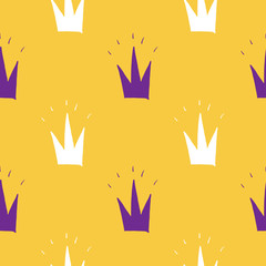 Crown Seamless Pattern, hand drawn royal doodles background, Vector Illustration