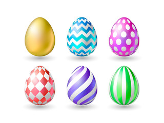 Realistic color eggs isolated on white background. Set of 3d easter eggs with patten for design of card, banner, logo, flayer, label, icon, badge, sticker. Vector illustration EPS10.