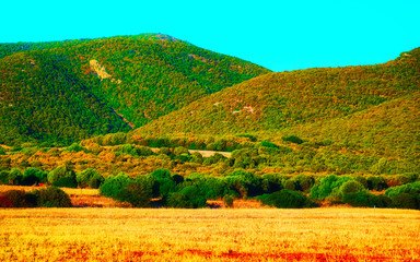 Landscape and Beautiful Scenery with mountains in Teulada, Carbonia-Iglesias. Panorama in South Sardinia island of Italy. Sardegna in summer. Cagliari province. Mixed media.