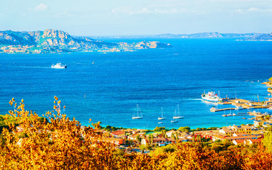 Panorama and landscape at La Maddalena of at Mediterranean sea in Sardinia island of Italy. Boats...