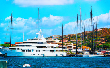 Scenery with Marina and luxury yachts at Mediterranean Sea of Porto Cervo in Sardinia Island of...