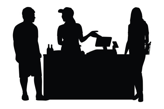recommend clip art: Customer and cashier in supermarket silhouette vector, Supermarket, Line Waiting Images, Buyer Basket Checkout, Customer Purchase.