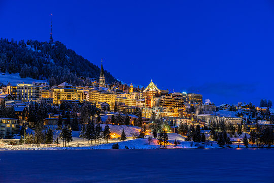 View of St. Moritz town in Switzerland at night in winter