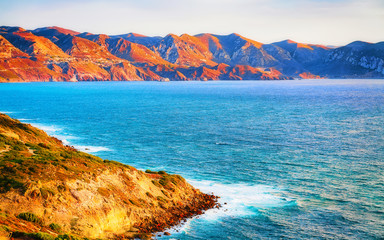 Landscape at Portoscuso and the coast of Mediterranean Sea at Carbonia-Iglesias, Sardinia, Italy....