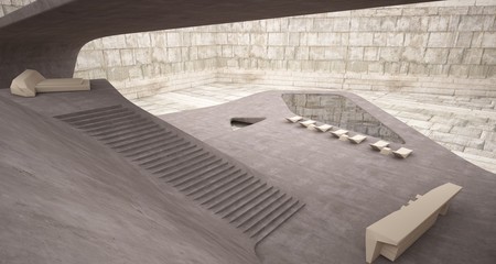 Abstract architectural concrete smooth interior of a minimalist house with swimming pool. 3D illustration and rendering.