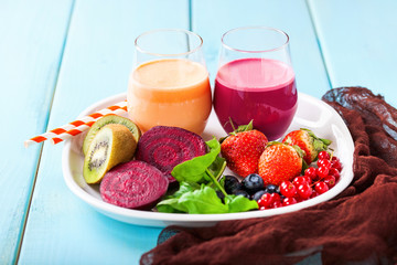 Detox diet - smoothies from beet and carrots. Selective focus. Copy space