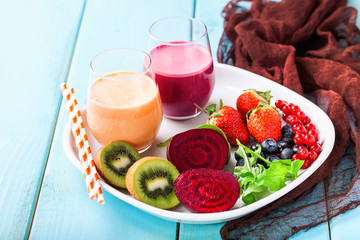 Detox diet - smoothies from beet and carrots. Selective focus. Copy space