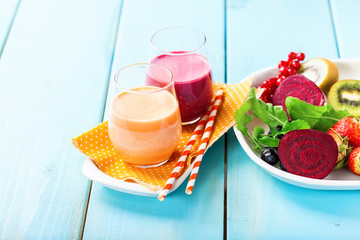 Detox diet - smoothies from beet and carrots. Selective focus. Copy space