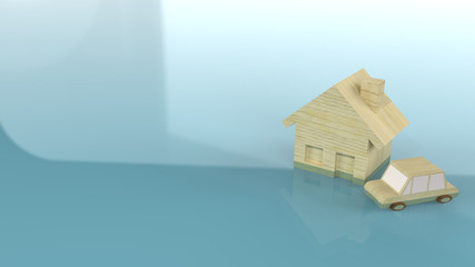 The home and car wood toy in water 3d rendering for flood content.
