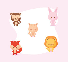 Cute monkey rabbit cat lion and fox cartoon vector design