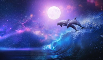Poster Im Rahmen Nachtozean mit einem Paar schöner Delfine, die auf einer Surfwelle aus dem Meer springen und Vollmond, der auf tropischem Hintergrund scheint © willyam