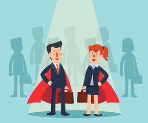 Super Business man and business woman. Cartoon superhero standing with cape waving in the wind. Successful hero businessman and businesswoman Success, leadership and victory in business vector concept
