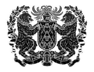 Heraldic emblem with black silhouette of bear and shield on white.