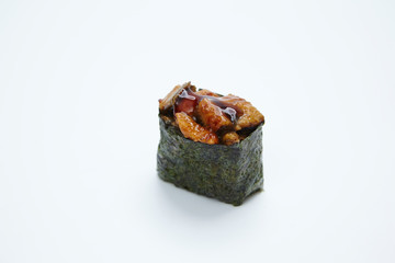 close up of Uni, sea urchin sushi on white background