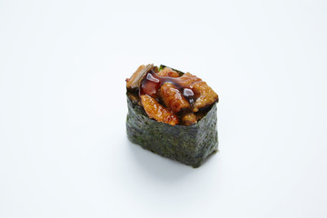 close up of Uni, sea urchin sushi on white background