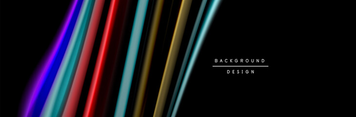 Silk and smooth flow wave poster design. Color waves, liquid style lines and shapes in black color background