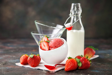 Ice cream, strawberry sorbet on a table. Selective focus. Copy space