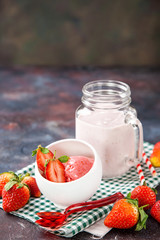 Ice cream, strawberry sorbet on a table. Selective focus. Copy space
