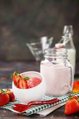 Ice cream, strawberry sorbet on a table. Selective focus. Copy space