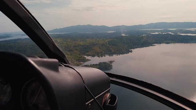 Helicopter flying over Bocono Dam. Trujillo state, Venezuela