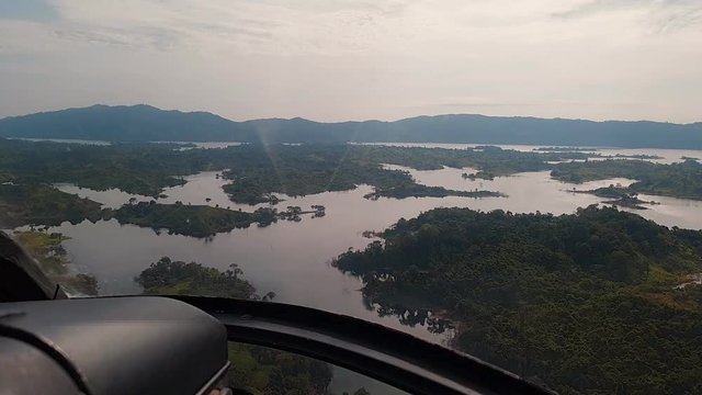 Helicopter flying over Bocono Dam. Trujillo state, Venezuela
