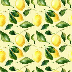 Seamless hand rawn watercolor lemon pattern on yellow background. Botanical illustration of yellow citrus fruits. Ideal for food packaging design