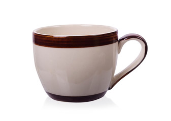 The white ceramic cup has a separate brown band on the white background, clipping paths.