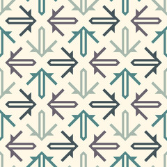 Fototapeta premium Arrows seamless pattern. Simple geometric surface print. Repeating pointers geometric ornament. Minimal geo background.