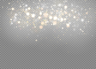 The dust sparks and golden stars shine with special light. Vector sparkles on a transparent background. Christmas light effect. Sparkling magical dust particles.