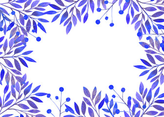 Frame with blue leaves on white isolated background . Horizontal frame orientation . Watercolor compositions for the design of greeting cards or invitations.