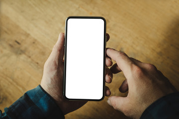 Mockup image blank white screen cell phone.woman hand holding texting using mobile background empty space for advertise text.people contact marketing business,technology 