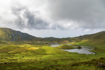 Hiking trail view of the Corvo Crater on the island of Corvo in the Azores, Portugal.
