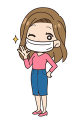 感染症を予防する女性の斜めイラスト　全身図