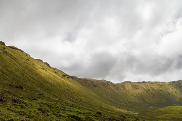 Southern view of the Corvo Crater on the island of Corvo in the Azores, Portugal.