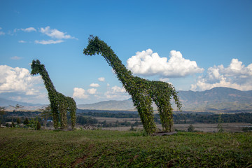 Two giraffe statues made with plants with blue sky background.
