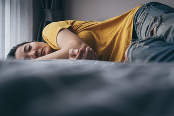 panic attacks alone young woman sad fear stressful depressed emotion.crying begging help.stop abusing domestic violence,person with health anxiety,people bad frustrated exhausted feeling down