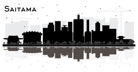 Saitama Japan City Skyline Black and White Silhouette with Reflections. Vector Illustration. Simple Flat Concept for Tourism Presentation, Placard. Business Travel Concept. Saitama Cityscape with Land
