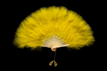 Yellow Chinese folding fan on a black background 