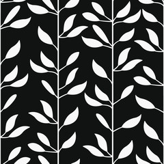 Fototapeta premium Abstract floral seamless pattern with white vertical branches and leaves on black background; floral design for fabric, wallpaper, textile, web design.
