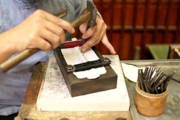 Shanghai,China-September 15, 2019: Metallic working shown in the front of a shop at Yuyuan garden in China
