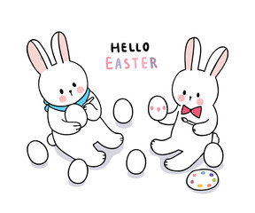 Cartoon cute Easter day rabbits painting colorful eggs vector.