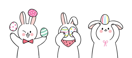 Cartoon cute Easter day rabbits and colorful eggs set vector.