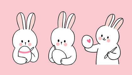 Cartoon cute Easter day rabbits painting colorful egg set vector.