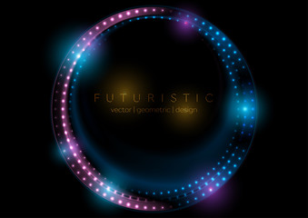Neon led lights abstract blue purple circles glowing background. Vector design