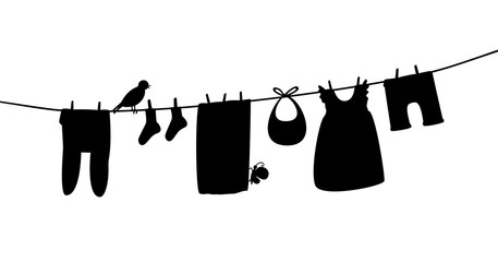 Baby clothes on clothesline. Laundry silhouette illustration. Kid apparel after washing hanging on a rope. For newborn, girl or boy. Vector isolated