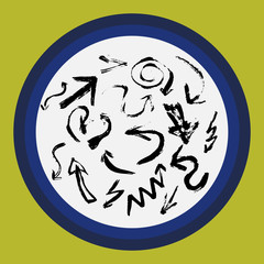 A separate isolated black arrow drawn by hand. Multi-directional arrows on a white circle. Direction and aiming can be used as a separate item or icon. Vector eps illustration.