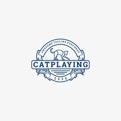 Vector Logo Illustration Cat Playing Vintage Badge