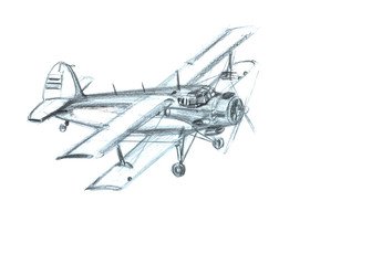 Airplane in the sky. Hand drawn pencil illustration