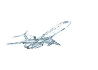 Airplane in the sky. Hand drawn pencil illustration